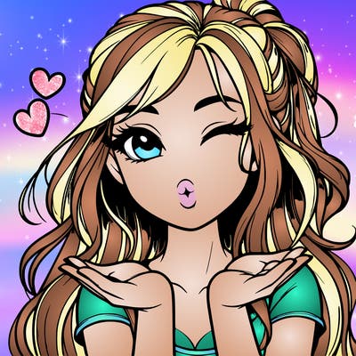 realistic girl winking and blowing a kiss while making heart hands