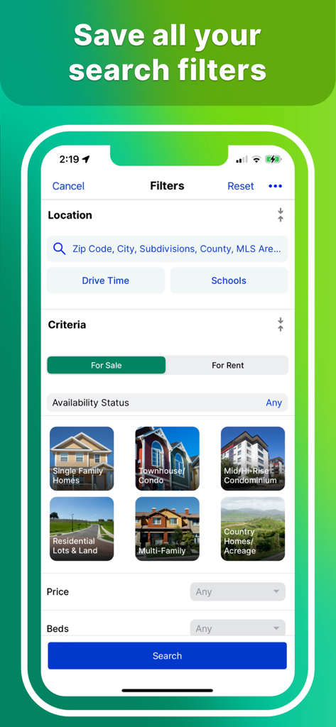 Homes And Rentals - Interfaz de la aplicación HAR.com que muestra filtros de búsqueda avanzados para bienes raíces de Texas, incluyendo tipos de propiedad y búsqueda por tiempo de viaje.