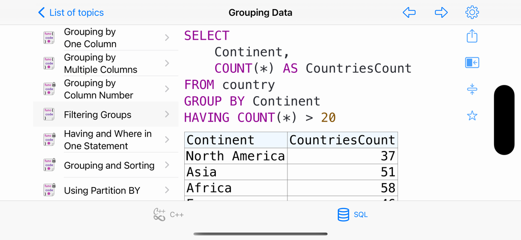 C++ Recipes - Interface of the C++ Recipes app showing an SQL query for grouping data and its result table.