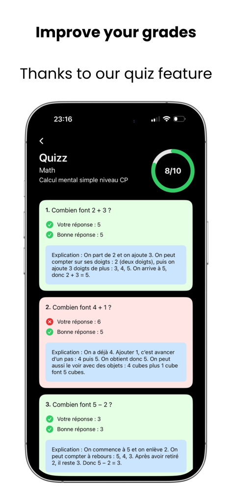 Clevr AI: Homework AI - Clevr AI app quiz feature screen displaying math questions and explanations to help students improve grades