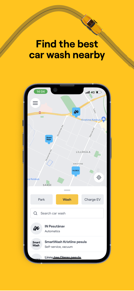Snabb - park, wash, charge - Snabb app screen showing a map with pins for local car washes and a search bar