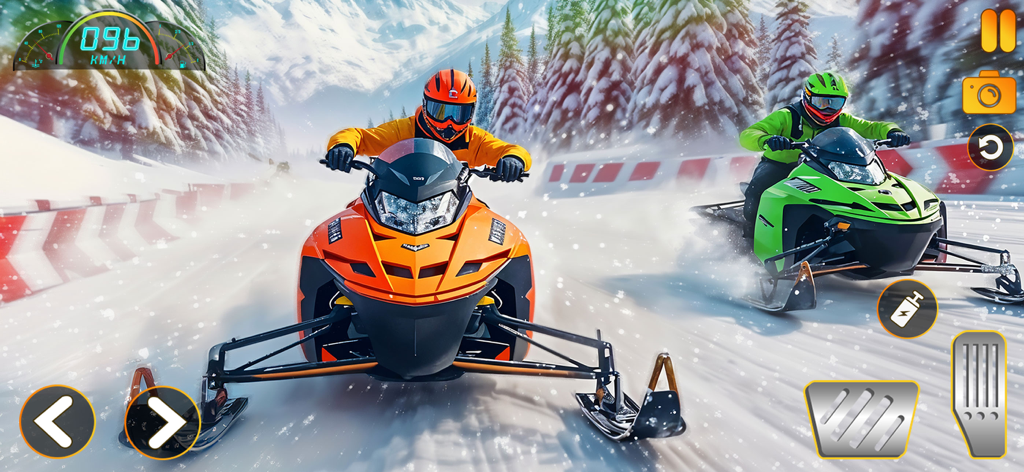 Extreme Snowmobile Racing Rush - Two snowmobiles racing on a snowy track through mountains with in-game controls visible