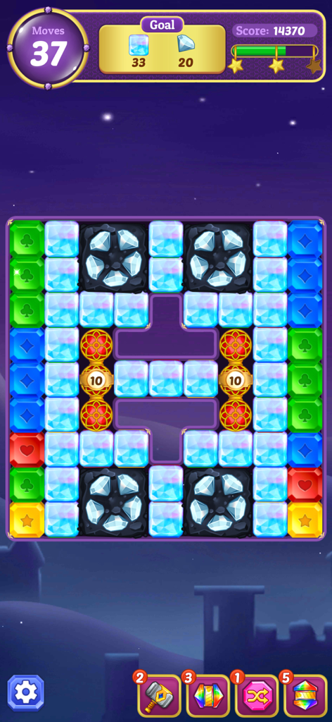 Jewel Gem - Match 3 Jewel Game - Captura de pantalla de jugabilidad del puzle Match 3 Jewel Gem mostrando gemas coloridas y bloques de hielo en un fondo temático nocturno.