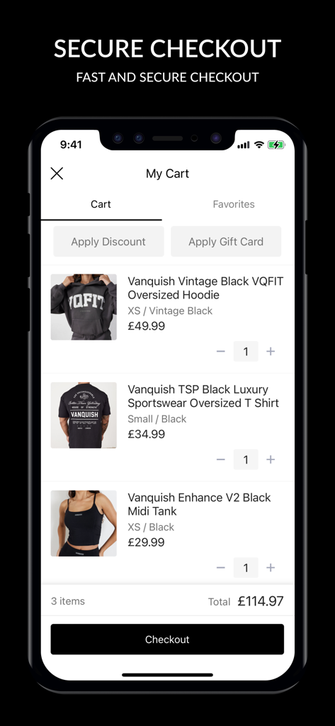 A mobile app screen showing the Vanquish Fitness shopping cart with fitness apparel and a secure checkout button.