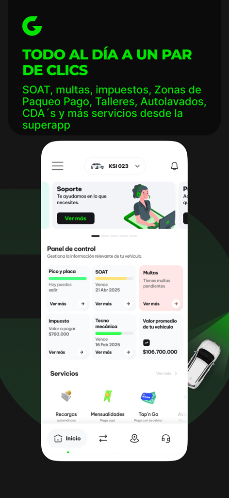 Gopass - Gopass mobile app dashboard showing vehicle management services including fines and parking payments