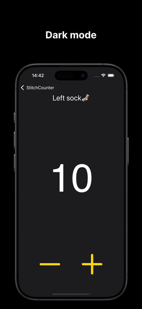 Stitch Counter App - Stitch Counter app interface in dark mode showing a row count for a knitting project