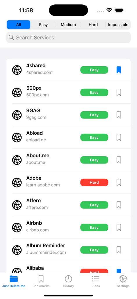 Just Delete Me - Just Delete Me app interface showing a list of services with account deletion difficulty ratings