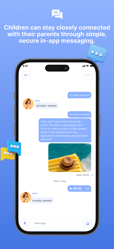 Tela do smartphone mostrando o recurso de mensagens seguras no aplicativo entre membros da família