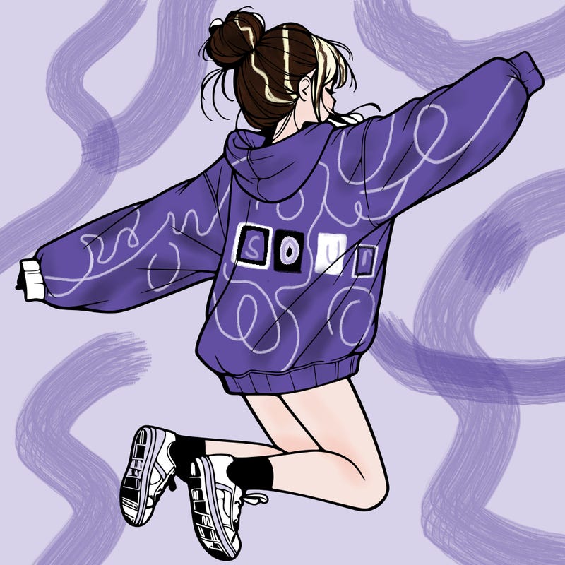 realistic girl jumping with a bun and oversized sweatshirt