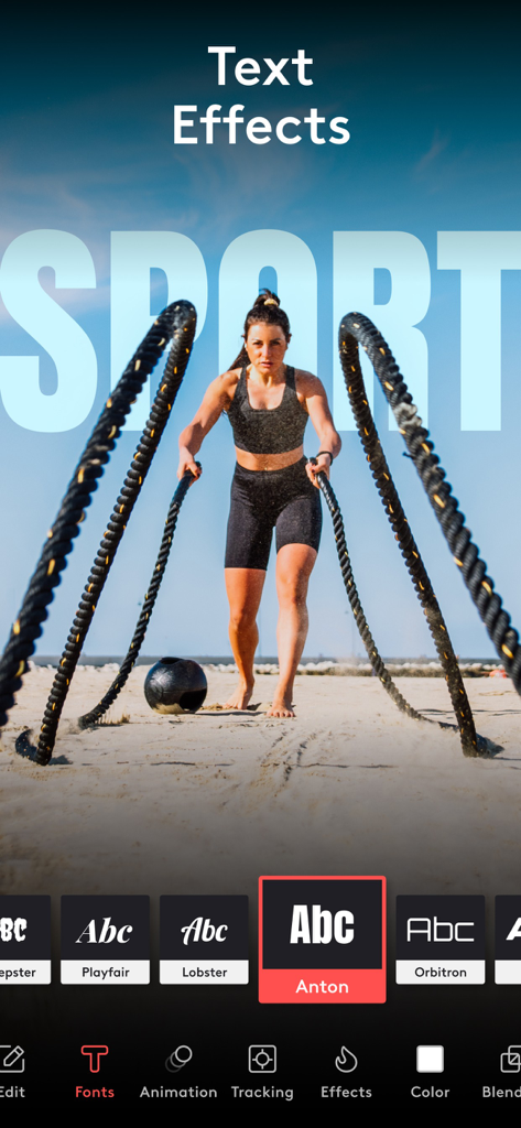 Interfaz de la aplicación Videoleap mostrando efectos de texto y selección de fuentes para un video de fitness
