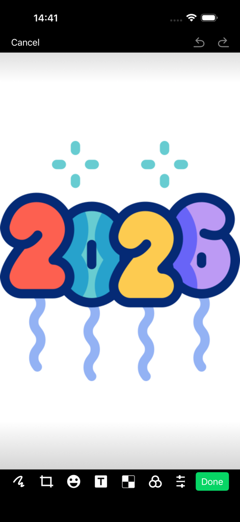 Draw Editor - Drawing On Pics - Un graphique coloré de ballon 2026 en cours d'édition dans l'application Draw Editor