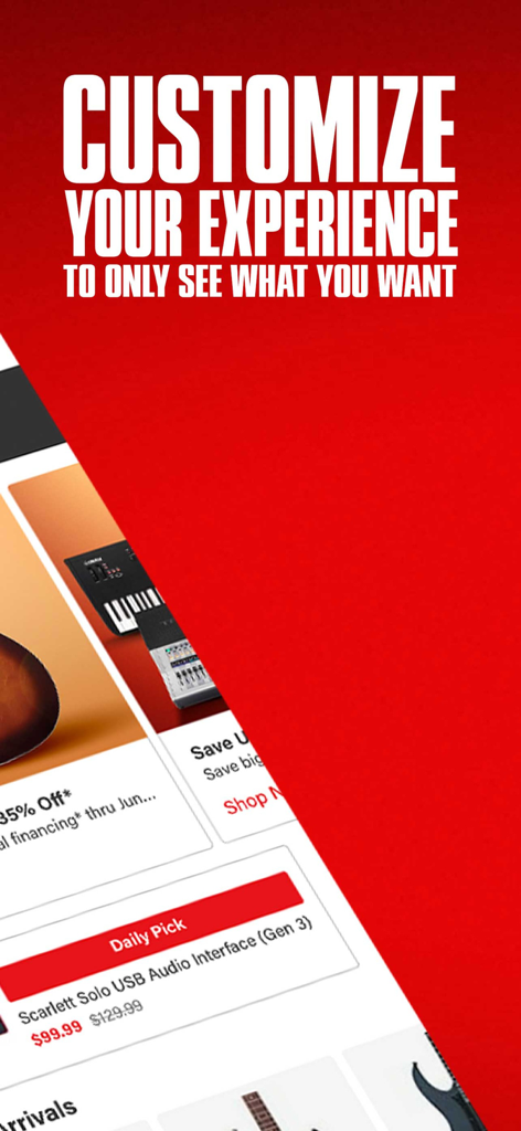 Guitar Center: Shop Music Gear - Guitar Center app interface showing customized music gear shopping and daily deals