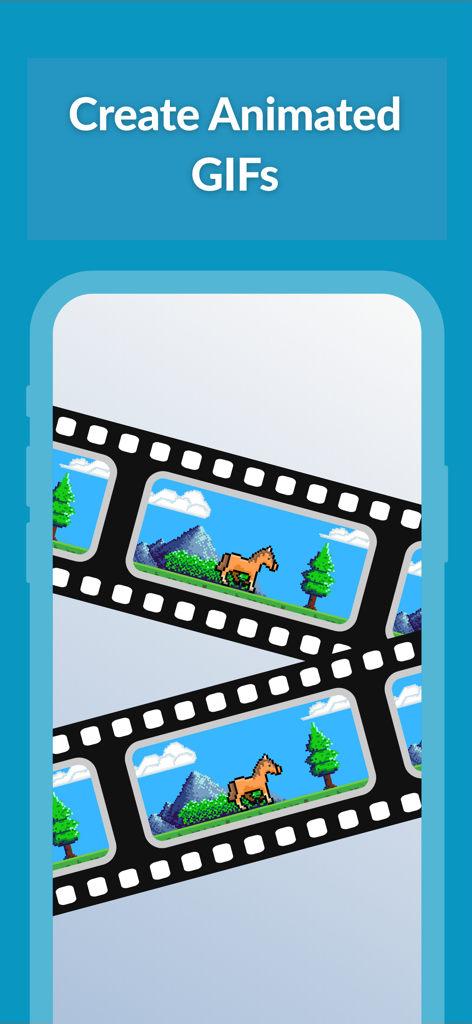 Ein Filmstreifen, der eine Pixel-Art-Pferdeanimation in der Mega Voxels-App anzeigt