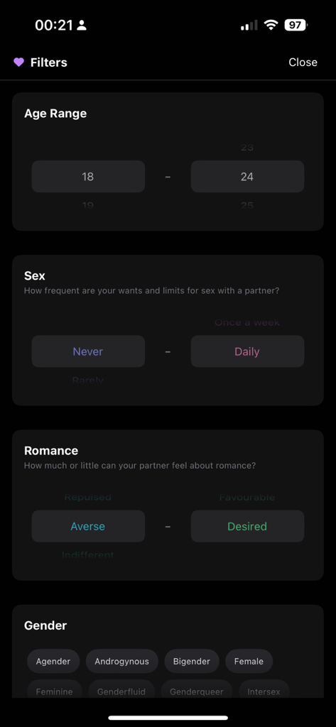AceSpace: Dating & Friendships - Advanced search filters in the AceSpace app for age, sexual frequency, romance levels, and gender identity.