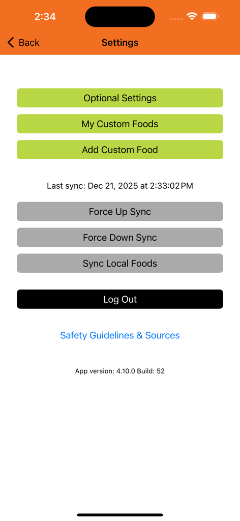 REPTS+ - Screenshot des Einstellungsmenüs von REPTS+ mit Optionen für benutzerdefinierte Lebensmittel und Datensynchronisation