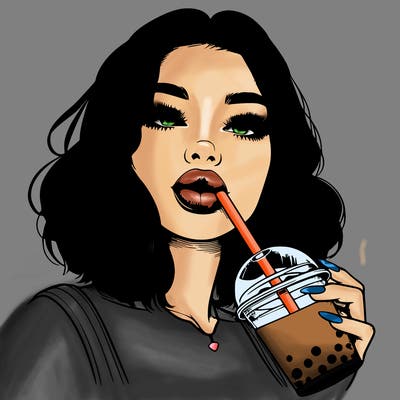 realistic girl with glossy lips holding boba