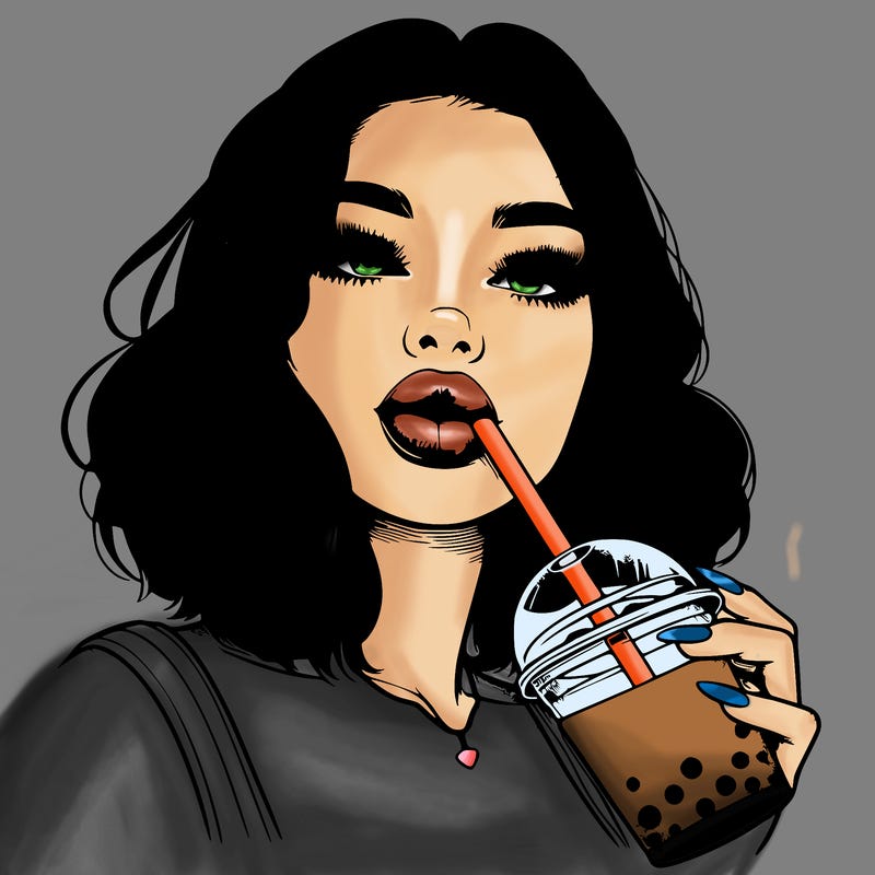 realistic girl with glossy lips holding boba