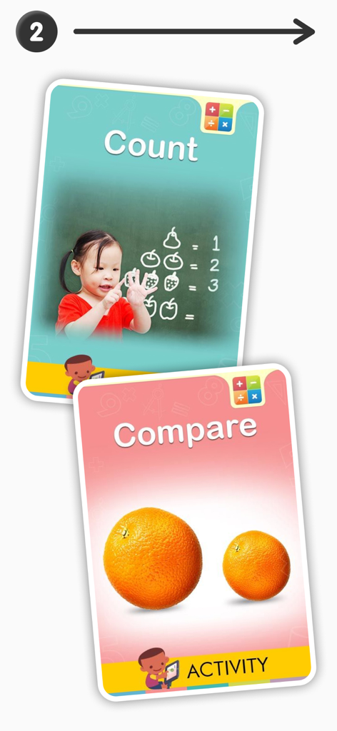Educational flashcards for counting and comparing in a 1st grade math learning app.