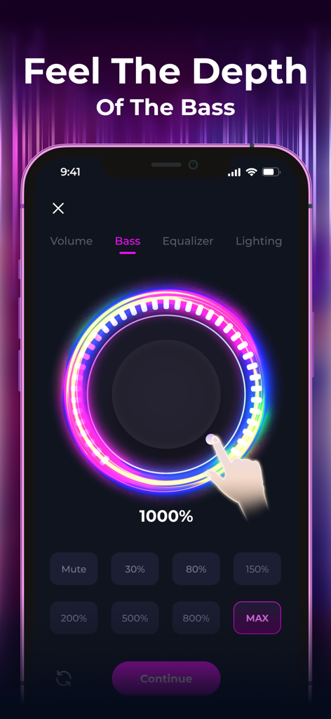 Louder Music: Volume Booster - Louder Music app interface showing bass booster feature with neon dial at 1000 percent volume