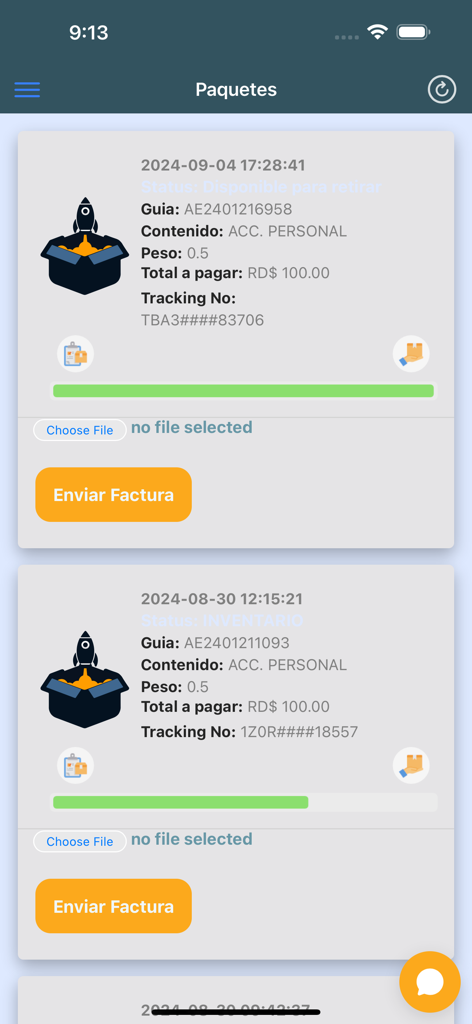 Extreme Paq - Extreme Paq app interface showing package tracking details and invoice submission buttons
