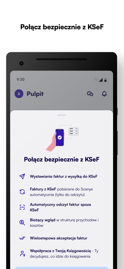Scanye 2.0 - Scanye app interface showing options for secure KSeF connection and invoice automation