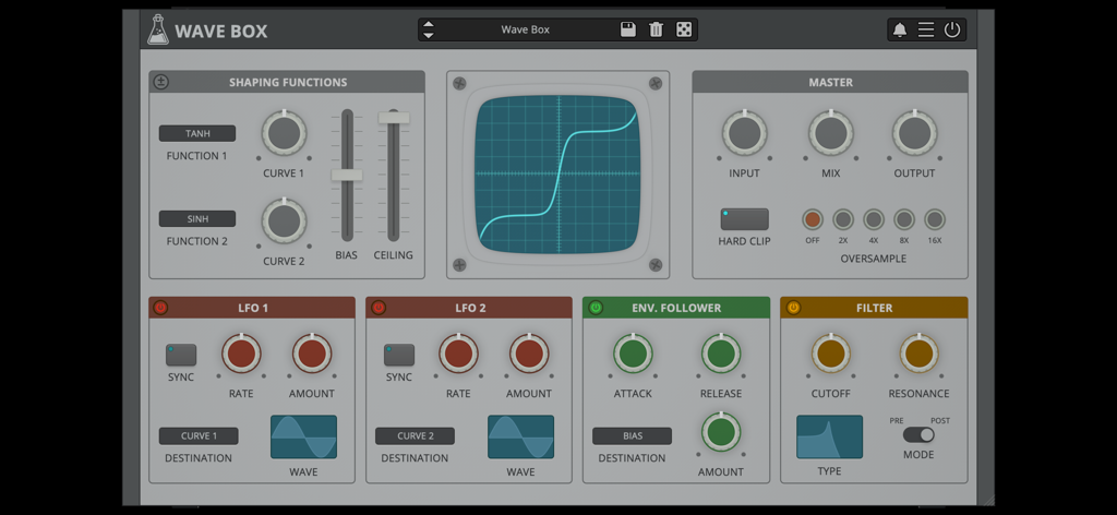 Wave Box - Wave Box App-Oberfläche mit Dual Waveshaper und Modulationsreglern