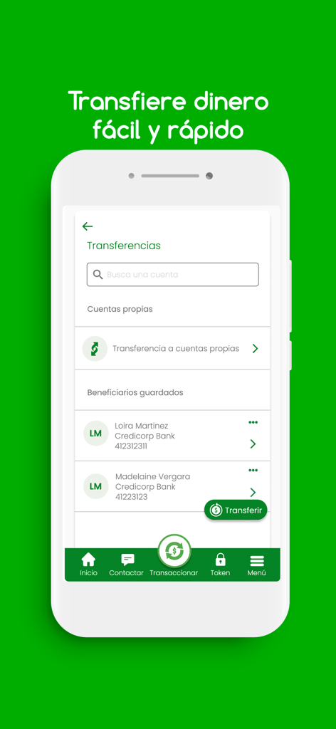 Transfer screen of the Credicorp Bank Mobile app showing options for own accounts and saved beneficiaries