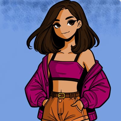 a realistic girl with a crop top and short shorts in an open jacket