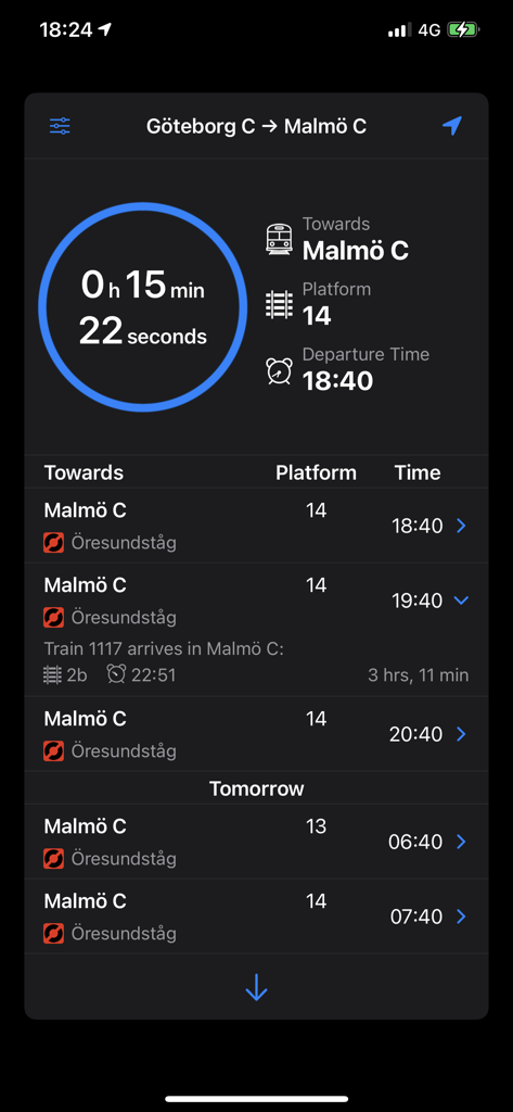 Pendla app interface with train departure times platform numbers and a live countdown