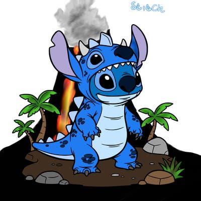 stitch dressed up like a dinosaur