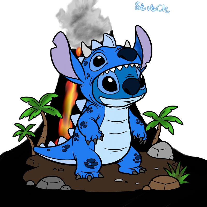 stitch dressed up like a dinosaur