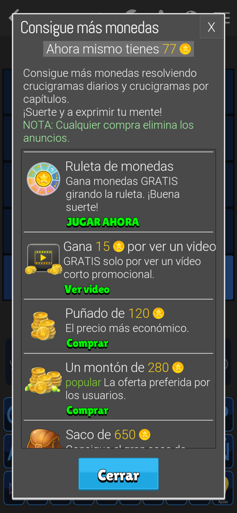 Crucigramas clásicos - Menú emergente en la aplicación mostrando opciones para ganar o comprar monedas en el juego Crucigramas clasicos