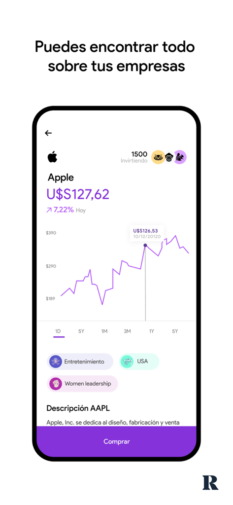 Detailed view of Apple stock price chart and categories in the Racional investment app