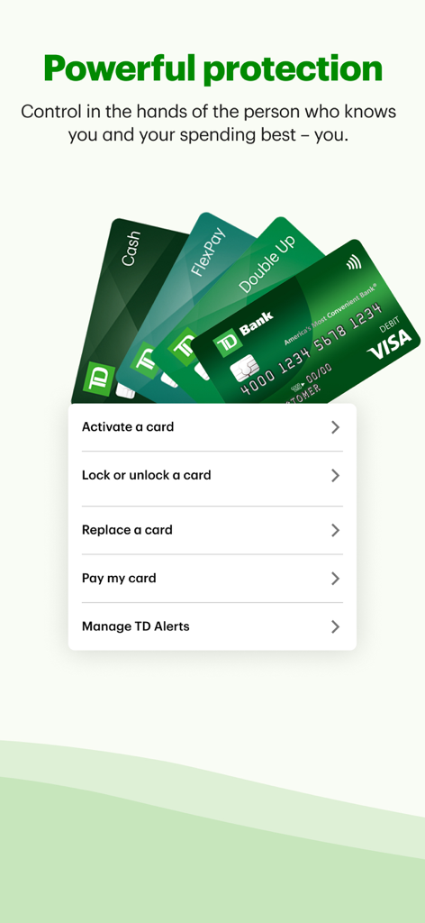 Interfaccia dell'app mobile TD Bank che mostra le opzioni di sicurezza e gestione delle carte come blocca e sblocca carta