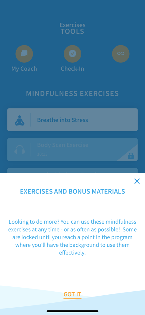 A popup window in the Craving To Quit app explaining mindfulness exercises and bonus materials.