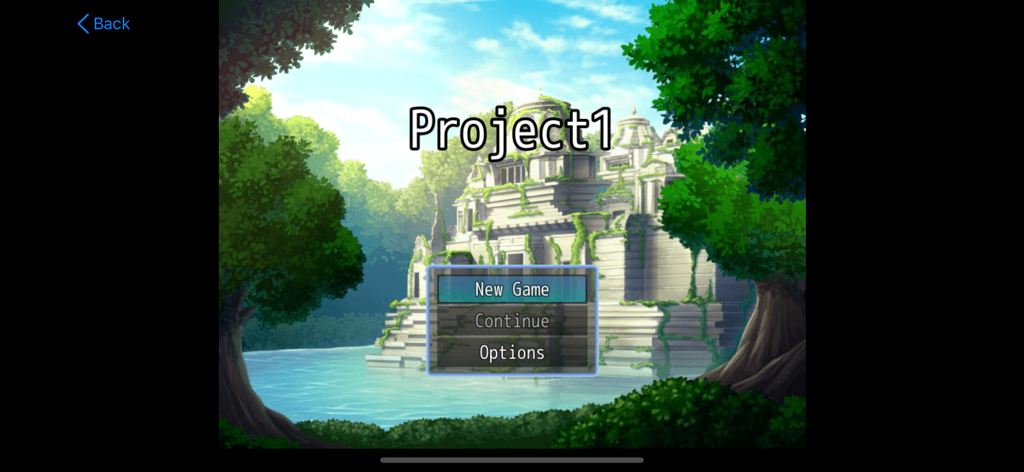 Vista previa de la pantalla de título del juego en Mapper MZ mostrando una escena de templo forestal y opciones de menú