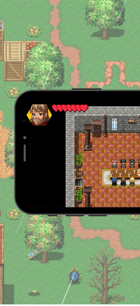 Una escena RPG desde arriba de la Última Cena en el Didactic Jesus Game mostrando un retrato de personaje y corazones de salud.