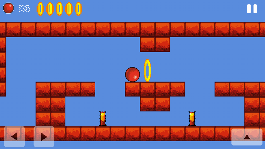 Bounce Original - Classic Arcade - Gameplay screenshot of Bounce Original showing a red ball navigating a brick level with spikes and golden rings