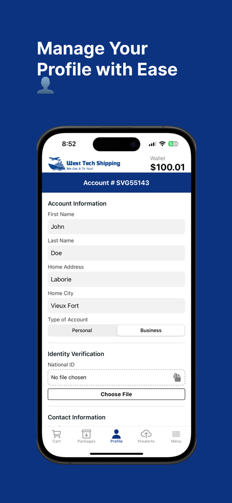 West Tech Shipping - User profile management interface in the West Tech Shipping app showing account details and identity verification