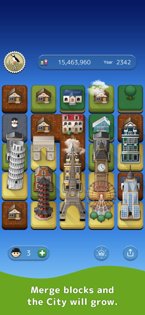 SubaraCity - SubaraCity gameplay showing a grid of merged blocks forming a city with world landmarks