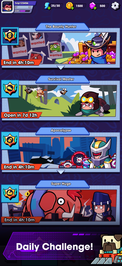 Hero Survival IO - Hero Survival IO daily challenge game modes menu showing limited time events