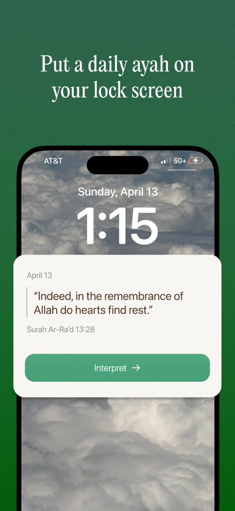 Deen Buddy - Quran Chat - A smartphone lock screen showing a daily Quranic verse notification from the Deen Buddy app with an option to interpret the verse.