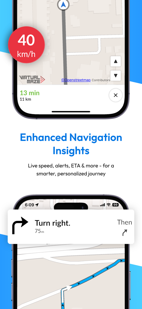 Screen displaying real-time speed, ETA, and turn-by-turn navigation instructions in the Offline Map Navigation app.