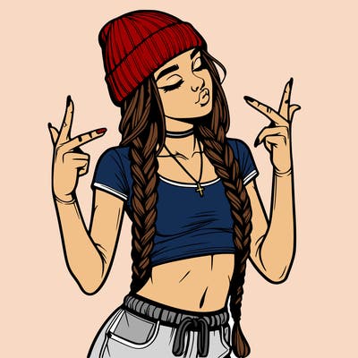 realistic teenage girl with braids and a beanie and crop top doing 🫶🏼