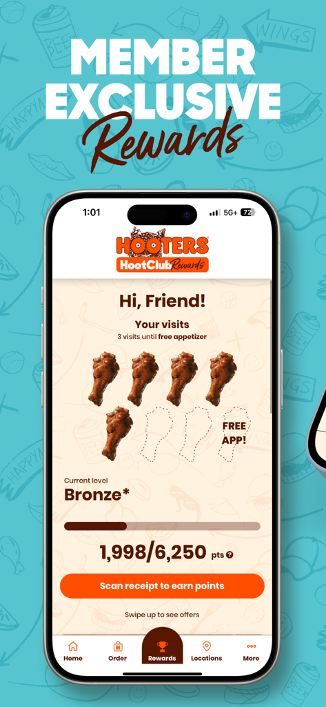Hooters - Ordering and Rewards - Hooters app HootClub rewards screen showing points balance and loyalty status