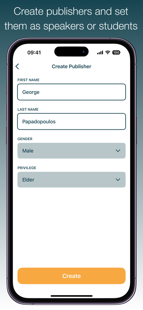 Meeting Timer & Stopwatch - Interface para criar um perfil de publicador no aplicativo Meeting Timer mostrando campos para nome, gênero e privilégio