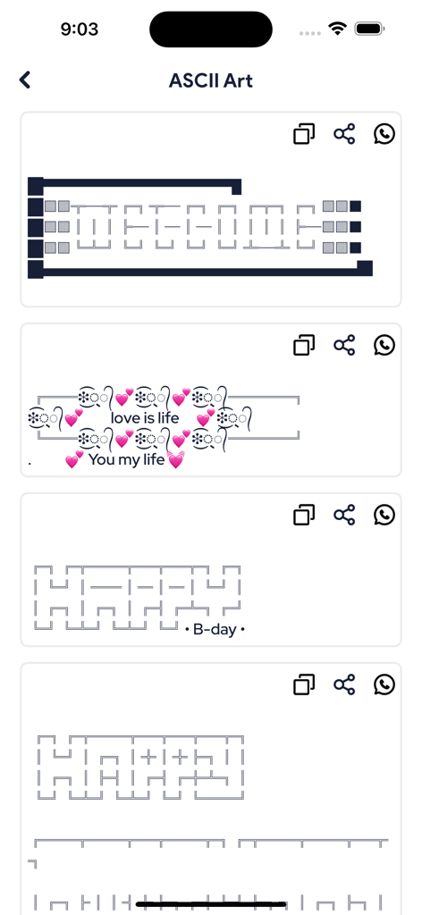 Text Repeater: Repeat Text 10K - Uma tela mostrando vários modelos de arte ASCII como Bem-vindo e Feliz Aniversário para redes sociais e mensagens.