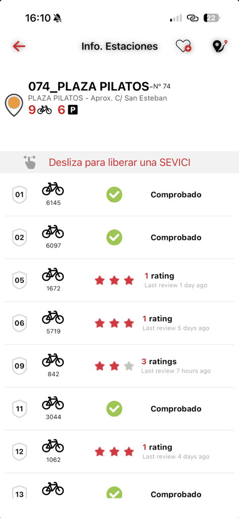 SEVICI app screen displaying bike availability and the option to unlock a bike at Plaza Pilatos station in Seville