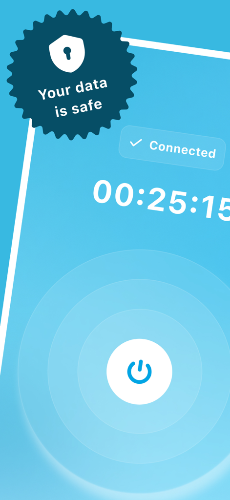 VPN app for TG 2026 - Interfaz de la aplicación VPN para TG 2026 que muestra un estado de conexión con una insignia de seguridad y un temporizador de sesión.