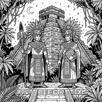 Step into a world where ancient history meets dark fantasy with this intricate Gothic Mayan Priests coloring page. Delve into elaborate ceremonial attire and mystical jungle landscapes, perfect for an engaging coloring experience.